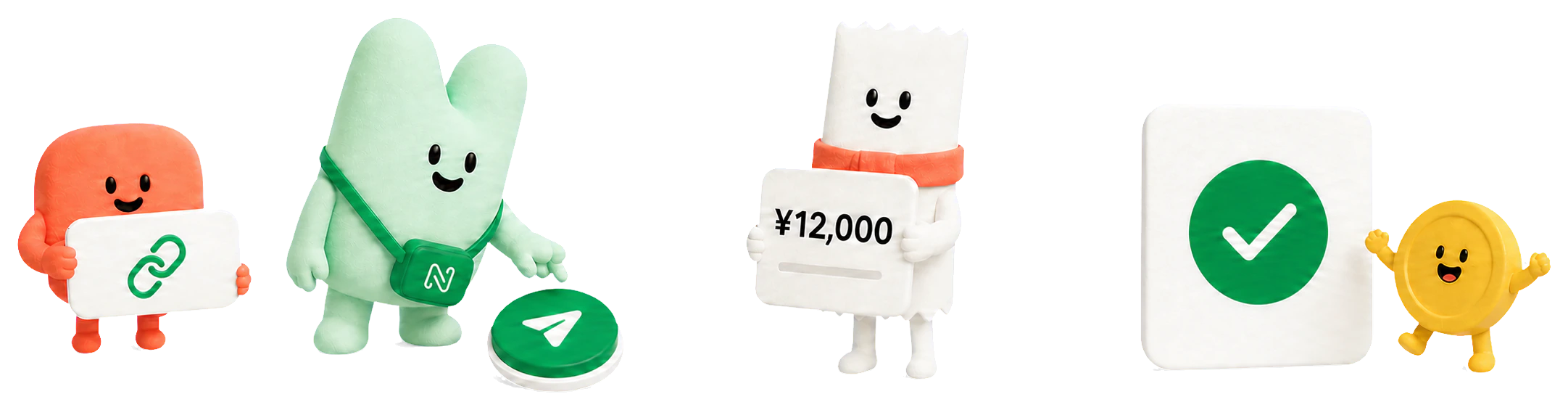 請求リンク送信、カード決済、回収確認を担当するキャラクターたち