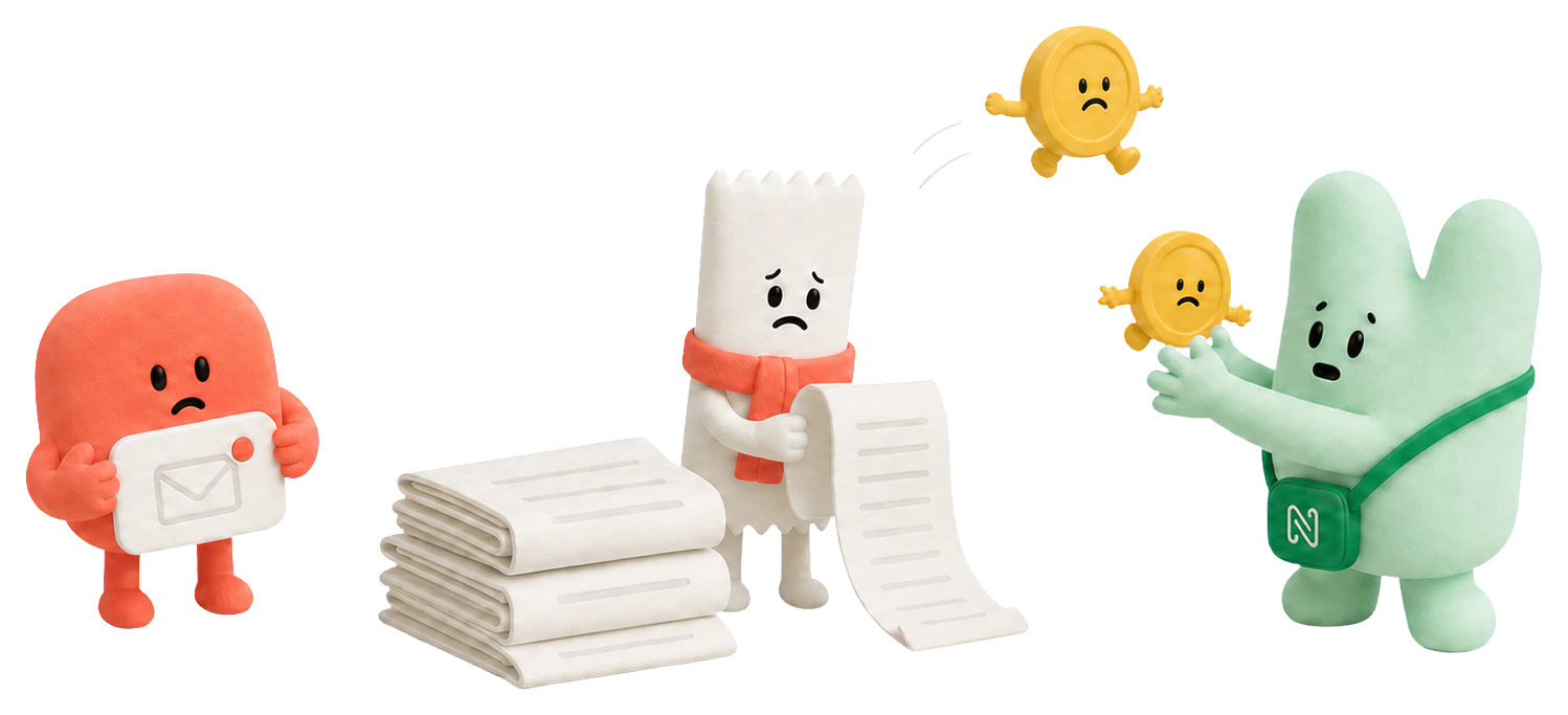 未回収の請求書と離れていくコインを追うキャラクターたち
